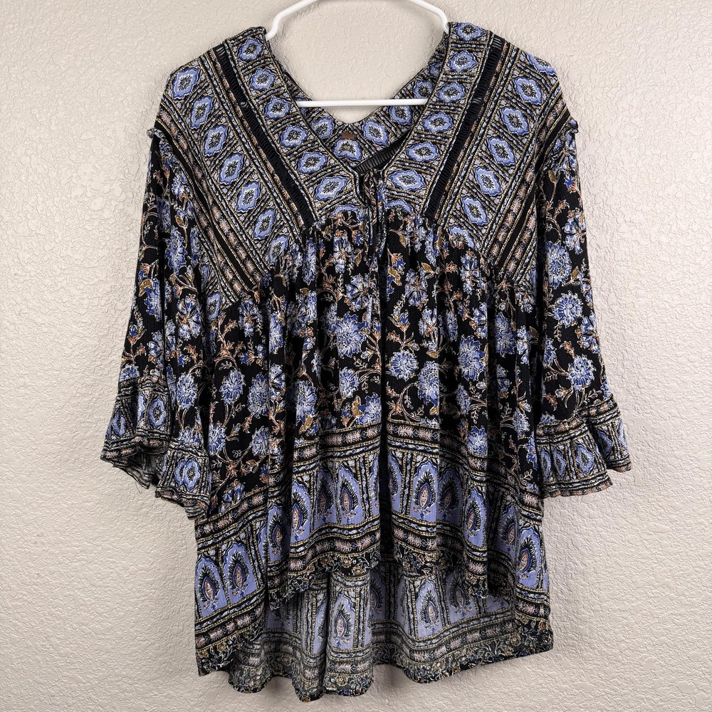 Free People Womens XS Black Blue Boho Floral Peasant Tunic Bell Sleeve OB1094882